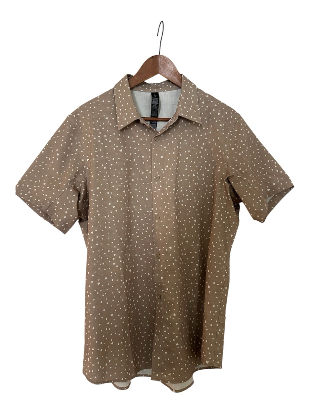 lululemon athletica Brown Short Sleeve Button-Down with White Dot Print